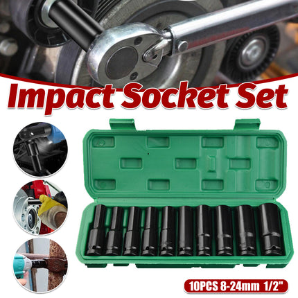 10pcs 8-24mm Impact Socket Set Metric Imperial Drive Air Garage Deep