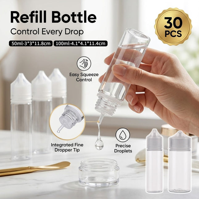 Clear Dropper Bottle Set 50ml 100ml Refill Squeeze Bottles 30 Pack