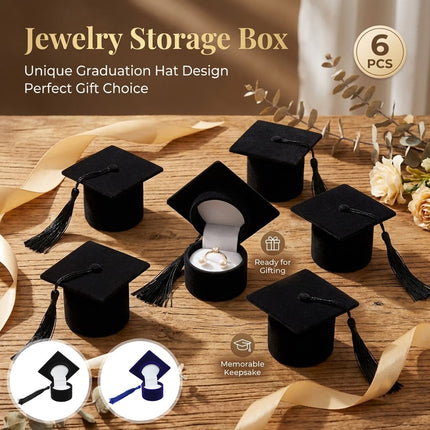 Graduation Cap Ring Boxes 6 Pack Velvet Keepsake Black Blue