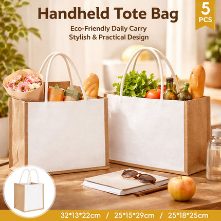 Jute Canvas Handheld Tote Bags 5 Pack Blank Front Panel