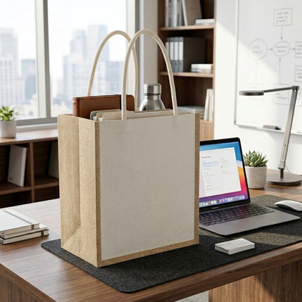 Jute Canvas Handheld Tote Bags 5 Pack Blank Front Panel