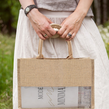 Clear Window Jute Gift Tote Bags 2 Pack Two Sizes