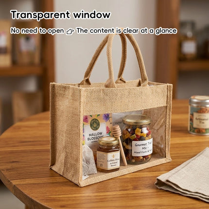 Clear Window Jute Gift Tote Bags 2 Pack Two Sizes