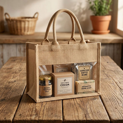 Clear Window Jute Gift Tote Bags 2 Pack Two Sizes