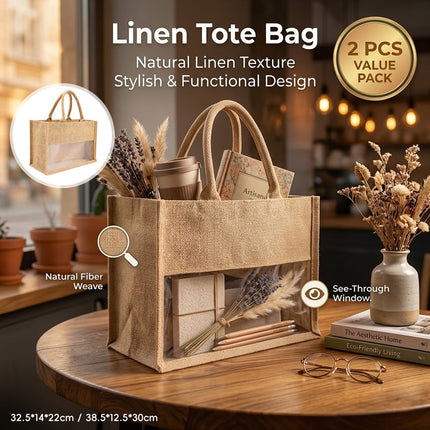 Clear Window Jute Gift Tote Bags 2 Pack Two Sizes