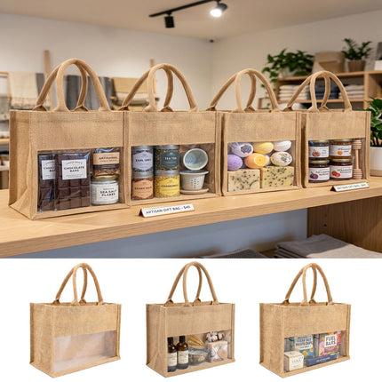 Clear Window Jute Gift Tote Bags 2 Pack Two Sizes