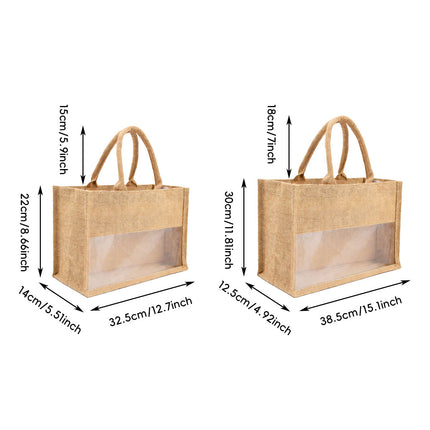 Clear Window Jute Gift Tote Bags 2 Pack Two Sizes