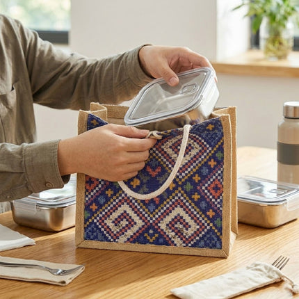 Ethnic Jacquard Jute Tote Bags 10 Pack Two Colours