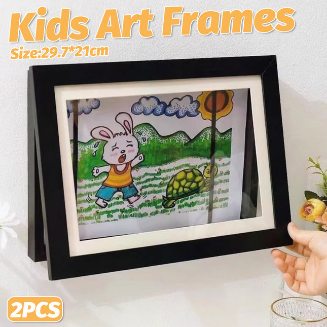 Kids Art Display Frames Set Wooden Artwork Holder 2PCS Children Drawing Storage