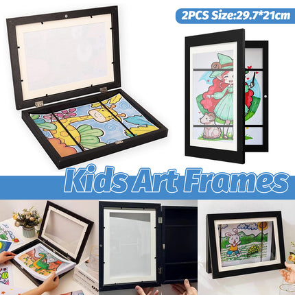 Kids Art Display Frames Set Wooden Artwork Holder 2PCS Children Drawing Storage