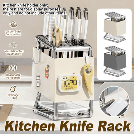 Kitchen Knife Holder Rack Carbon Steel Drainage Tray Hook Side White or Grey