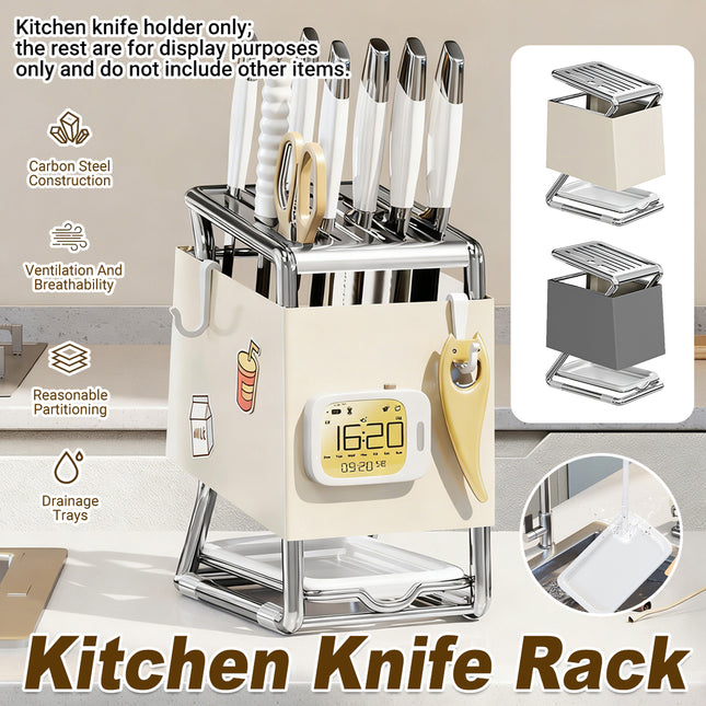Kitchen Knife Holder Rack Carbon Steel Drainage Tray Hook Side White or Grey