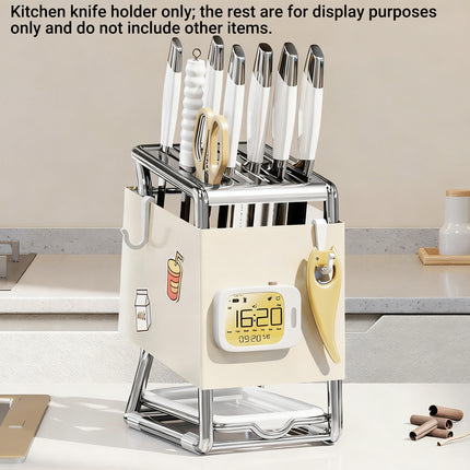 Kitchen Knife Holder Rack Carbon Steel Drainage Tray Hook Side White or Grey
