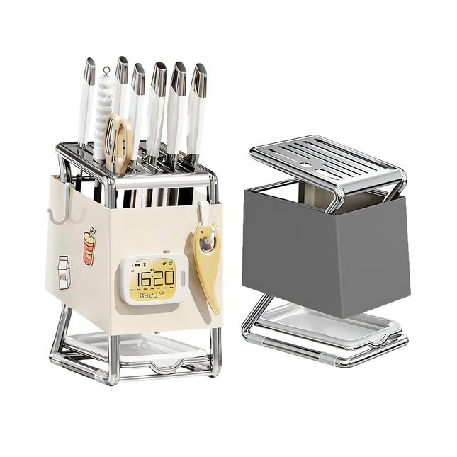 Kitchen Knife Holder Rack Carbon Steel Drainage Tray Hook Side White or Grey