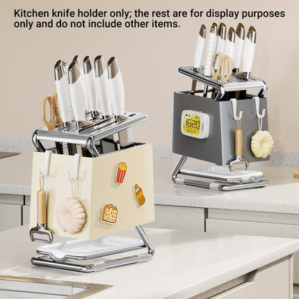 Kitchen Knife Holder Rack Carbon Steel Drainage Tray Hook Side White or Grey
