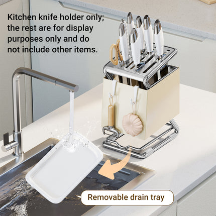 Kitchen Knife Holder Rack Carbon Steel Drainage Tray Hook Side White or Grey