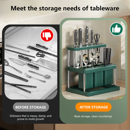 Multi-Functional Kitchen Countertop Knife Block Holder with Removable Drain Tray