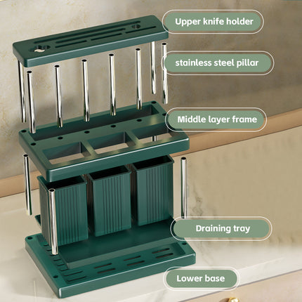 Multi-Functional Kitchen Countertop Knife Block Holder with Removable Drain Tray