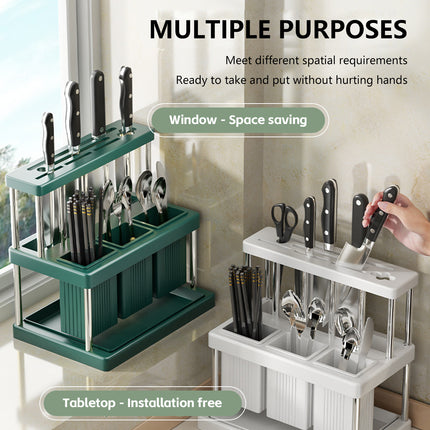 Multi-Functional Kitchen Countertop Knife Block Holder with Removable Drain Tray