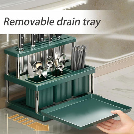 Multi-Functional Kitchen Countertop Knife Block Holder with Removable Drain Tray