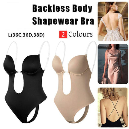 L Size Women Deep U Plunge Seamless Push Up Bra Thong Backless Bodysuit - Aimall
