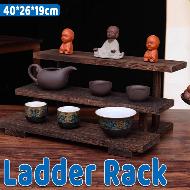 Solid Wood Step Shelf Display Rack Rustic Style Sturdy Durable Space Saving