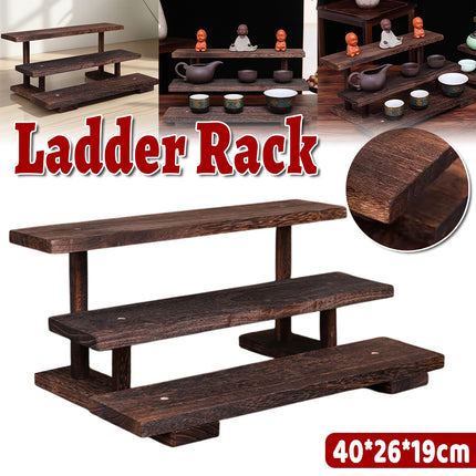 Solid Wood Step Shelf Display Rack Rustic Style Sturdy Durable Space Saving