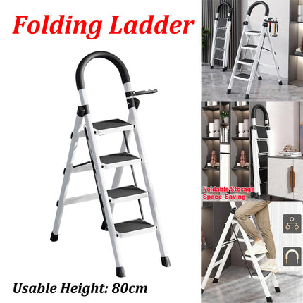 Folding 4 Step Ladder 120cm Carbon Steel White Frame Tool Rack for Home Kitchen