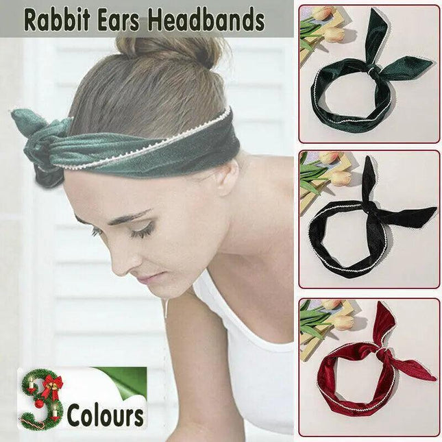 Lady Wrap Rabbit Ears Hair Band Vintage Velvet Pearl Bow Hair Band Wire Headband - Aimall