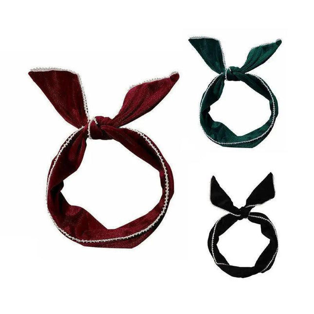 Lady Wrap Rabbit Ears Hair Band Vintage Velvet Pearl Bow Hair Band Wire Headband - Aimall