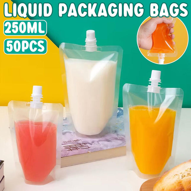 50PCS 250ml Drink Bags Transparent Stand Up Juice Takeaway Nozzle Pouches
