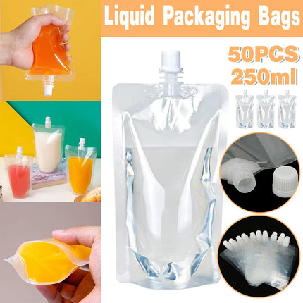50PCS 250ml Drink Bags Transparent Stand Up Juice Takeaway Nozzle Pouches