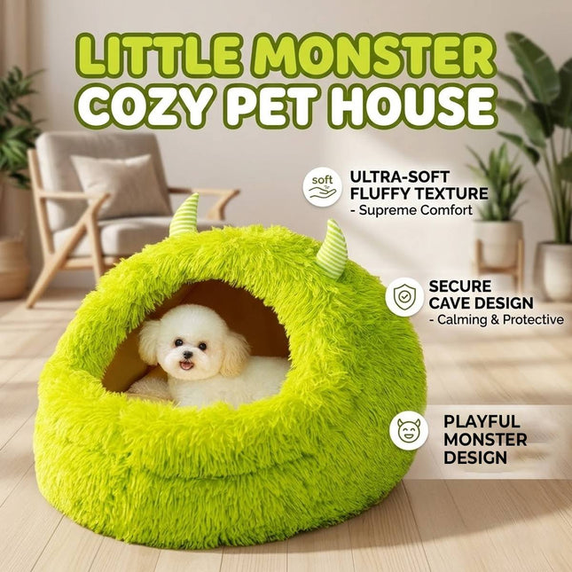 Plush Pet Cave Bed Warm Winter Monster House Small Medium Dog Cat 60x60x40cm
