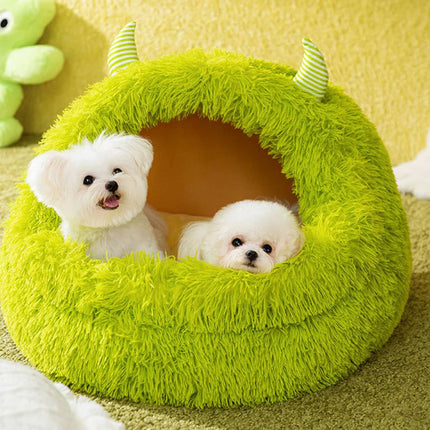 Plush Pet Cave Bed Warm Winter Monster House Small Medium Dog Cat 60x60x40cm