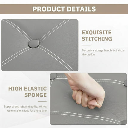 Foldable Storage Ottoman 110L 76x38x38cm Grey Faux Leather Tufted for Bedroom