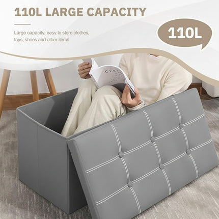 Foldable Storage Ottoman 110L 76x38x38cm Grey Faux Leather Tufted for Bedroom