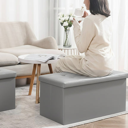 Foldable Storage Ottoman 110L 76x38x38cm Grey Faux Leather Tufted for Bedroom