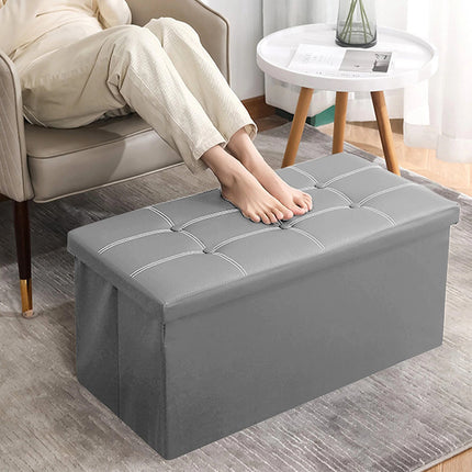Foldable Storage Ottoman 110L 76x38x38cm Grey Faux Leather Tufted for Bedroom
