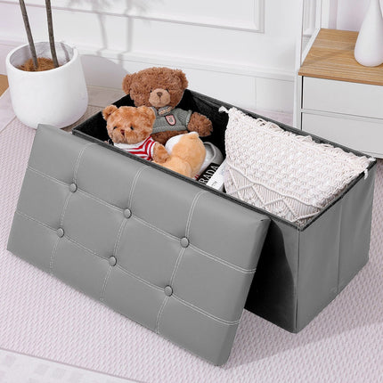Foldable Storage Ottoman 110L 76x38x38cm Grey Faux Leather Tufted for Bedroom