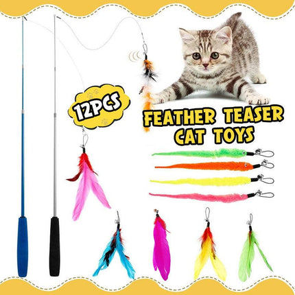 12PCS Cat Feather Teaser Wand Set Interactive Toy for Kittens and Cats Gift