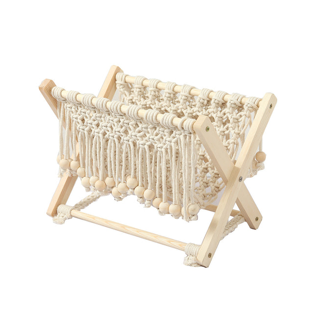 Nordic Foldable Macrame Magazine Rack Cotton Rope Wood Stand