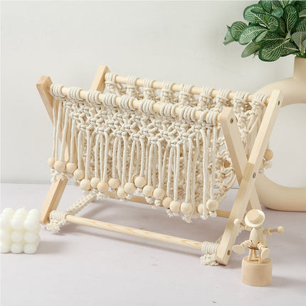 Nordic Foldable Macrame Magazine Rack Cotton Rope Wood Stand