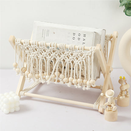 Nordic Foldable Macrame Magazine Rack Cotton Rope Wood Stand
