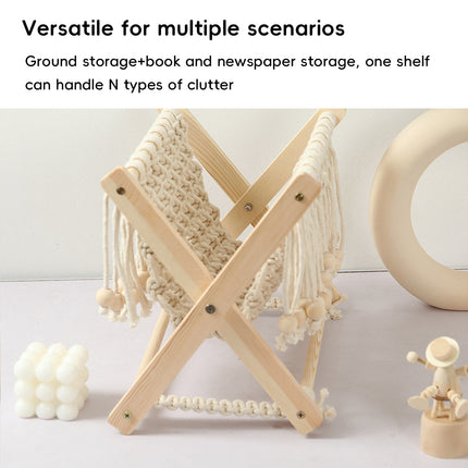 Nordic Foldable Macrame Magazine Rack Cotton Rope Wood Stand