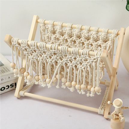 Nordic Foldable Macrame Magazine Rack Cotton Rope Wood Stand