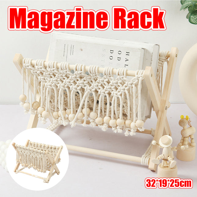 Nordic Foldable Macrame Magazine Rack Cotton Rope Wood Stand