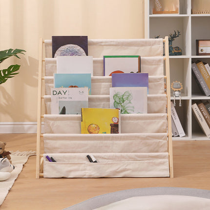 Solid Wood Multi Layer Book Display Shelf Magazine Storage Rack with Canvas