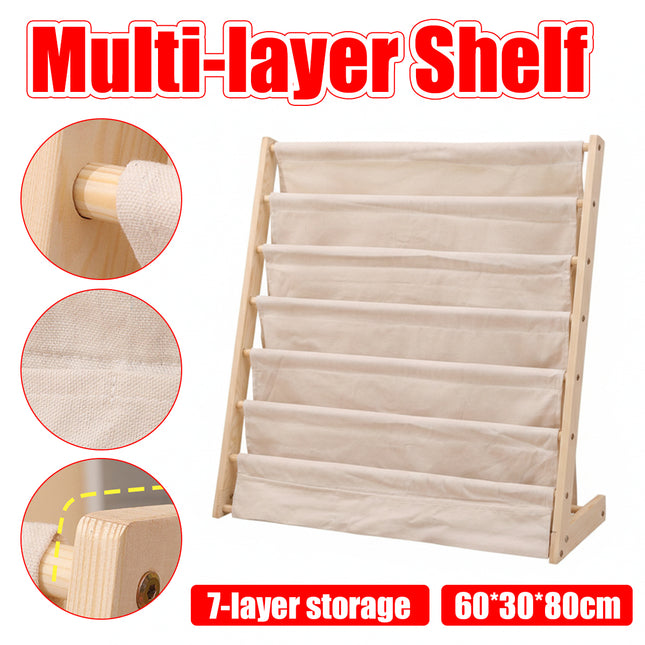 Solid Wood Multi Layer Book Display Shelf Magazine Storage Rack with Canvas