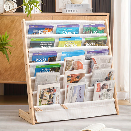 Solid Wood Multi Layer Book Display Shelf Magazine Storage Rack with Canvas