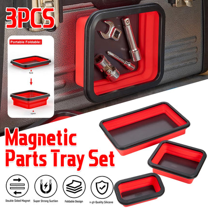 3PCS Foldable Metal Parts Tray Set Silicone Tool Organizer for Garage Repair